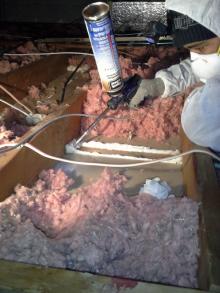 Spray foam insulation, air sealing, caulking, fiberglass insulation